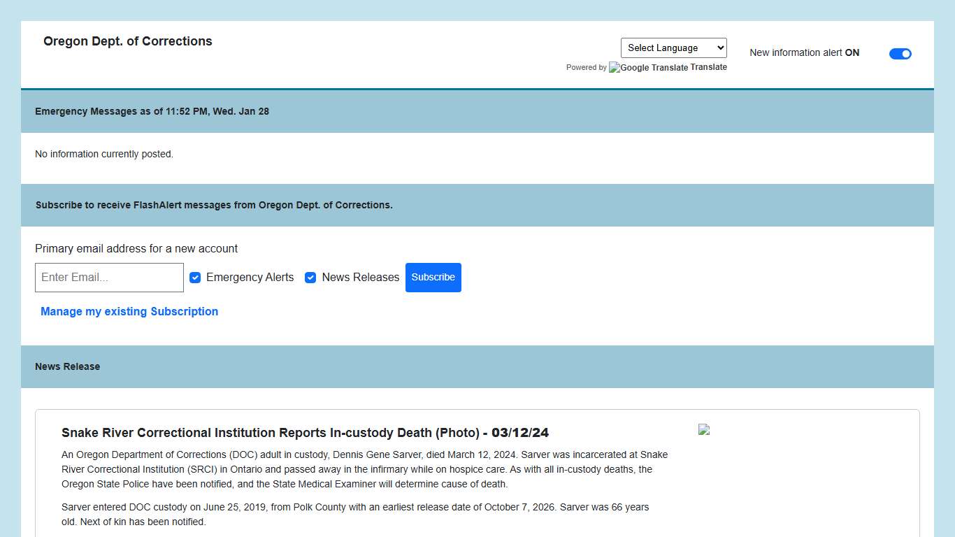 Oregon Dept. Of Corrections News via Flashalert.net